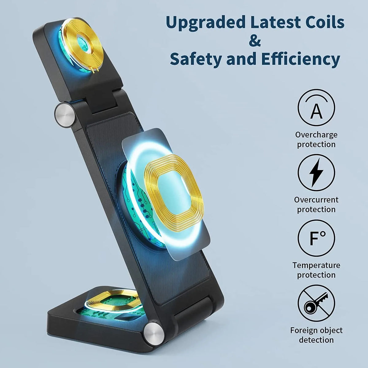 Vertical folding magnetic three-in-one wireless charger in black or white with US charging head and cable