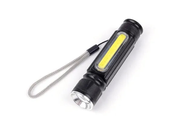 Black aluminium alloy multifunctional LED flashlight with T6+COB light source, magnet base, and rechargeable 18650 battery