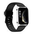 Black smart watch with heart rate monitor on silicone wristband showing 1.69-inch touchscreen display