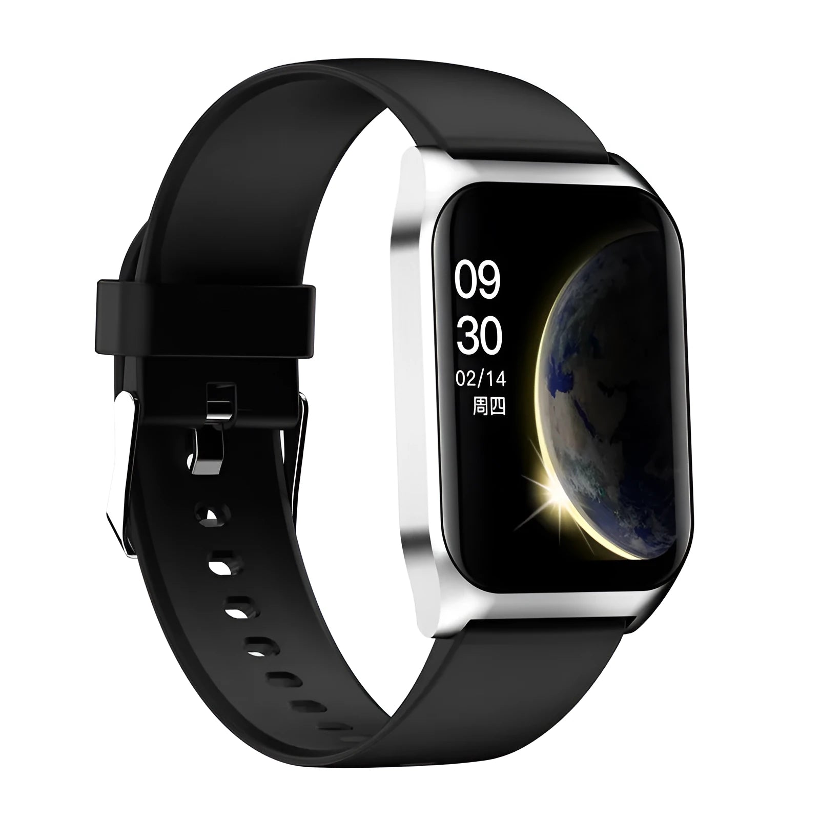 Black smart watch with heart rate monitor on silicone wristband showing 1.69-inch touchscreen display