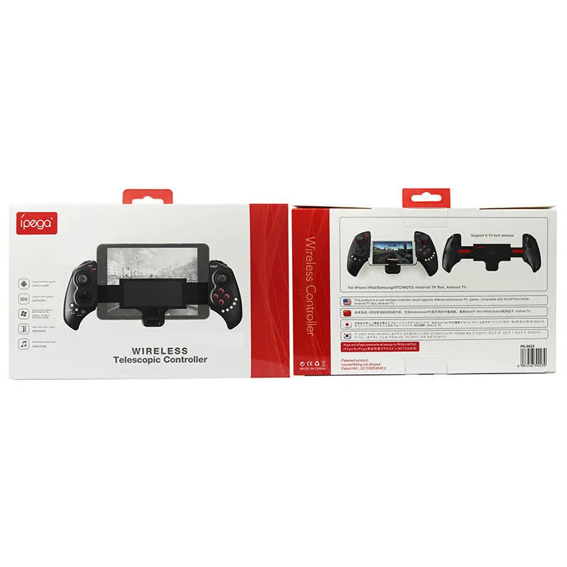 PG-9023 wireless telescopic game controller extended to hold a mobile phone.