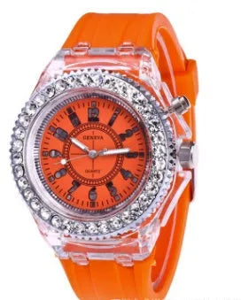 Women's luminous quartz watch with colourful silicone strap and 43mm round dial