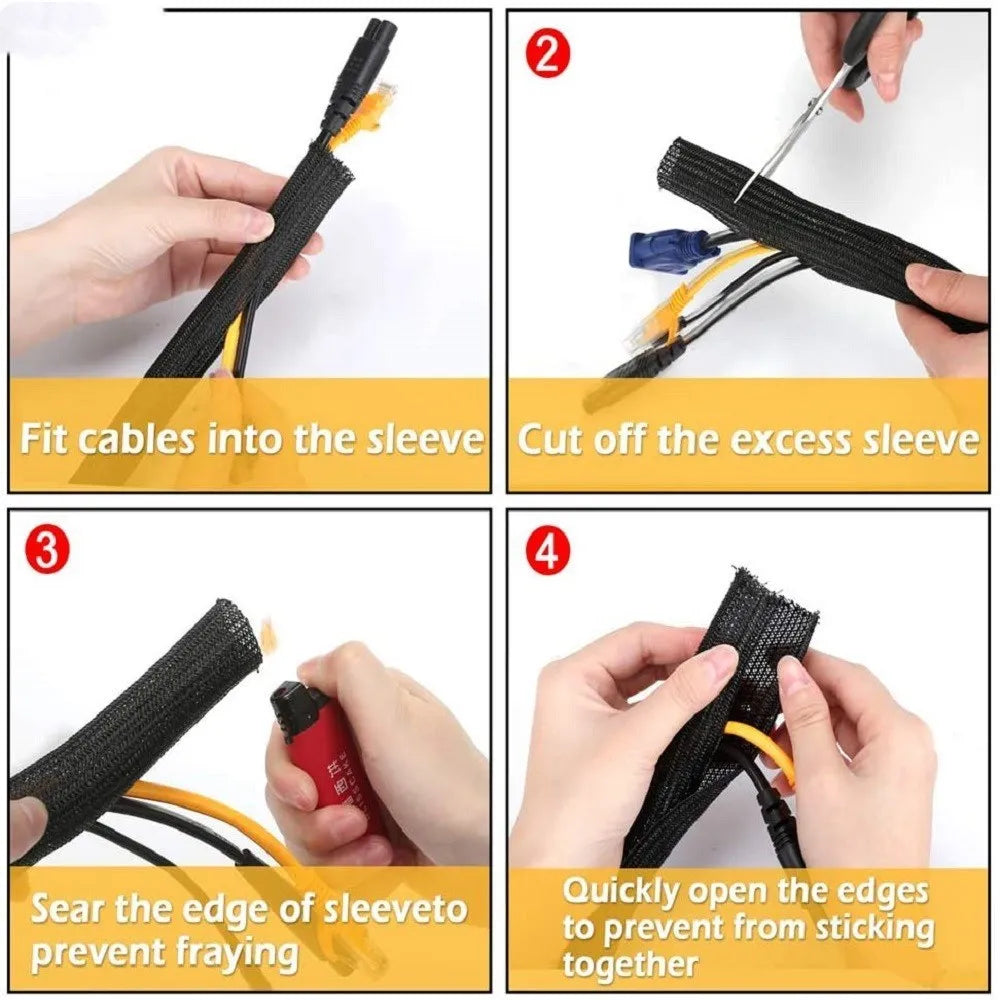 Black self-winding flame-retardant polyester sleeve for automotive wire protection, shown in a coil.