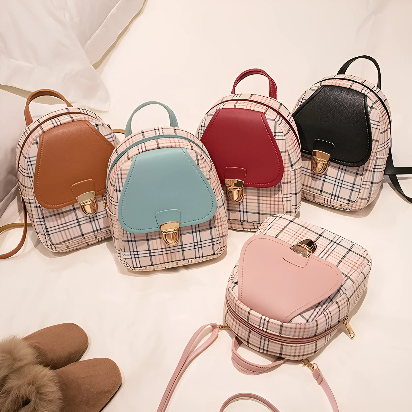 PU leather one shoulder diagonal phone bag shown in multiple colours: black, blue, brown, pink, red.