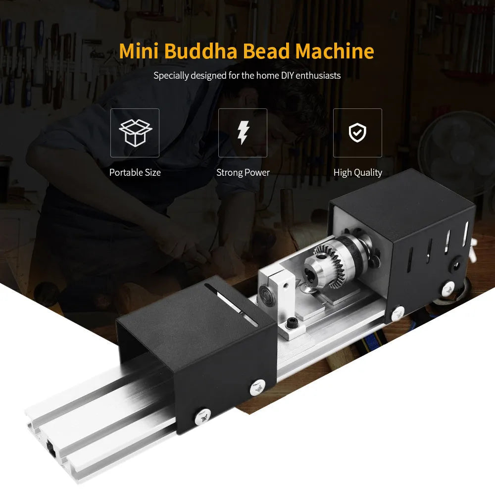 Silver metal mini woodworking lathe with carving knives on workbench
