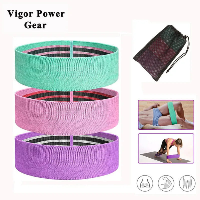 Squat resistance band hip ring in green, pink, or purple, made from latex silk and polyester webbing for fitness training.