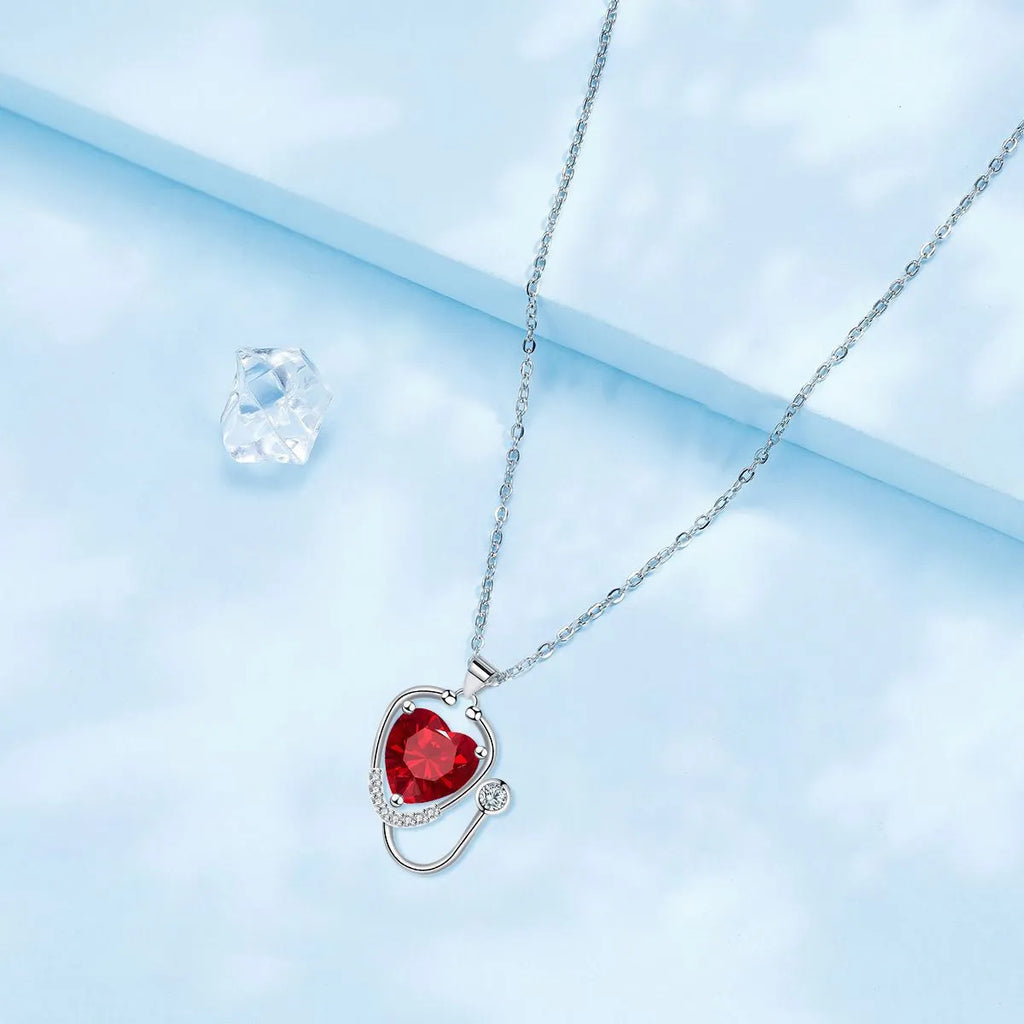 Red diamond colour copper stethoscope pendant necklace on a chain for women
