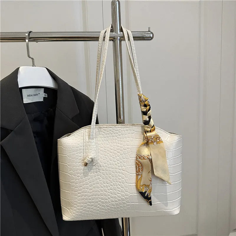 Large capacity PU handbag with crocodile pattern and sewing thread detail, horizontal square shape, available in black, coffee, orange or white.