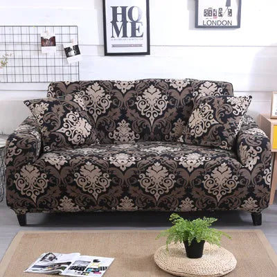 Printed geometric stretch sofa slipcover fitted on a three-seater sofa