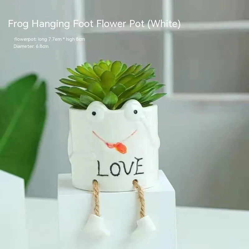 Ceramic hanging foot flowerpot in cartoon style for succulent plants on desktop