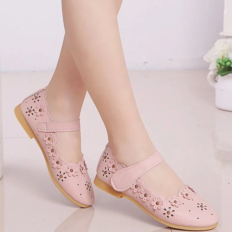 Girls flat princess shoes in pink or white with rubber sole and EVA upper, sizes 21 to 36