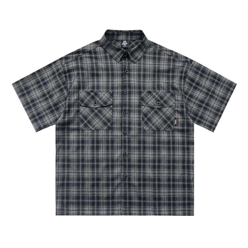 Men's short sleeve plaid shirt with embroidery and lapel collar in black or brown cotton blend fabric