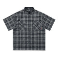 Men's short sleeve plaid shirt with embroidery and lapel collar in black or brown cotton blend fabric