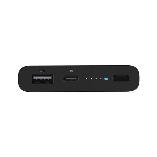 White and black 10000mAh portable power bank with USB-C and USB-A ports for fast and wireless charging.