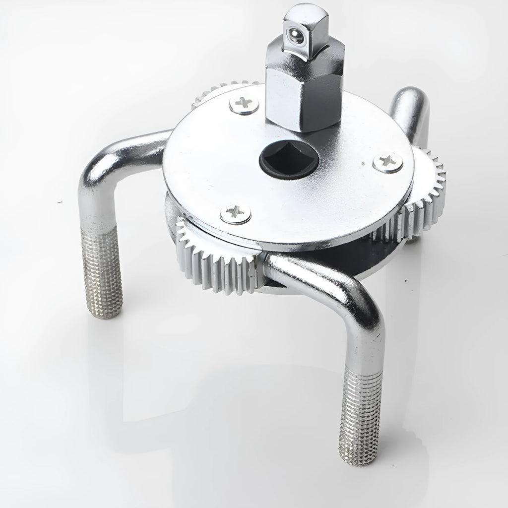Round three-jaw oil filter wrench with frosted surface treatment and metric system listing, silver colour option