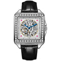 Men's square automatic watch with diamond-studded design on stainless steel case