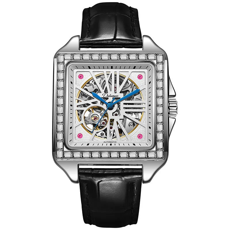 Men's square automatic watch with diamond-studded design on stainless steel case