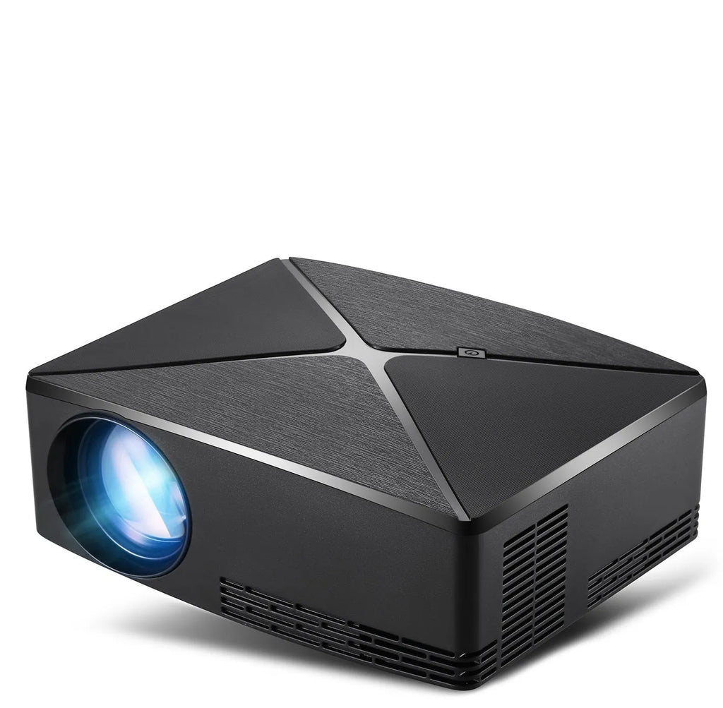 Black or white home desktop projector with glass lens, 1280x720dpi resolution, 40-120 inch projection, 0.8kg weight.