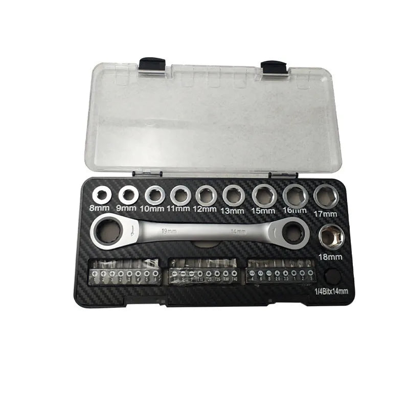 Dual-purpose ratchet wrench set with sockets and screwdriver bits on a grey background