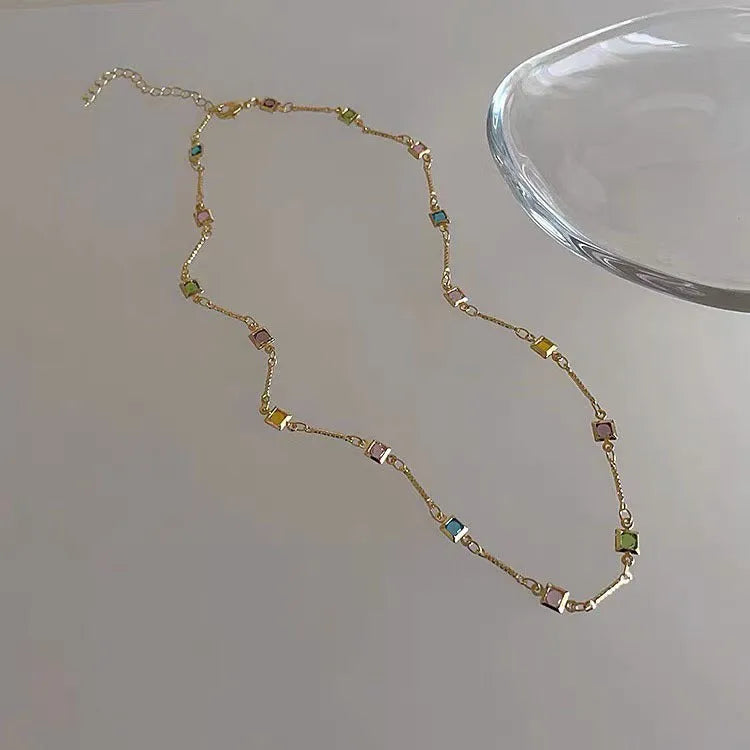 Square colour geometric clavicle chain necklace with artificial crystal accents on alloy chain