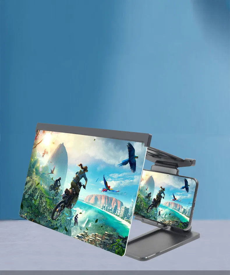 Black 12-inch curved mobile phone screen amplifier with detachable holder, shown folded and unfolded.