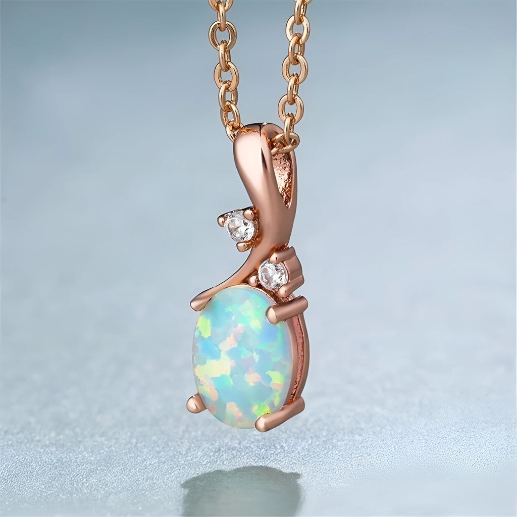 Opal water drop pendant necklace with adjustable chain in rose gold or white finish