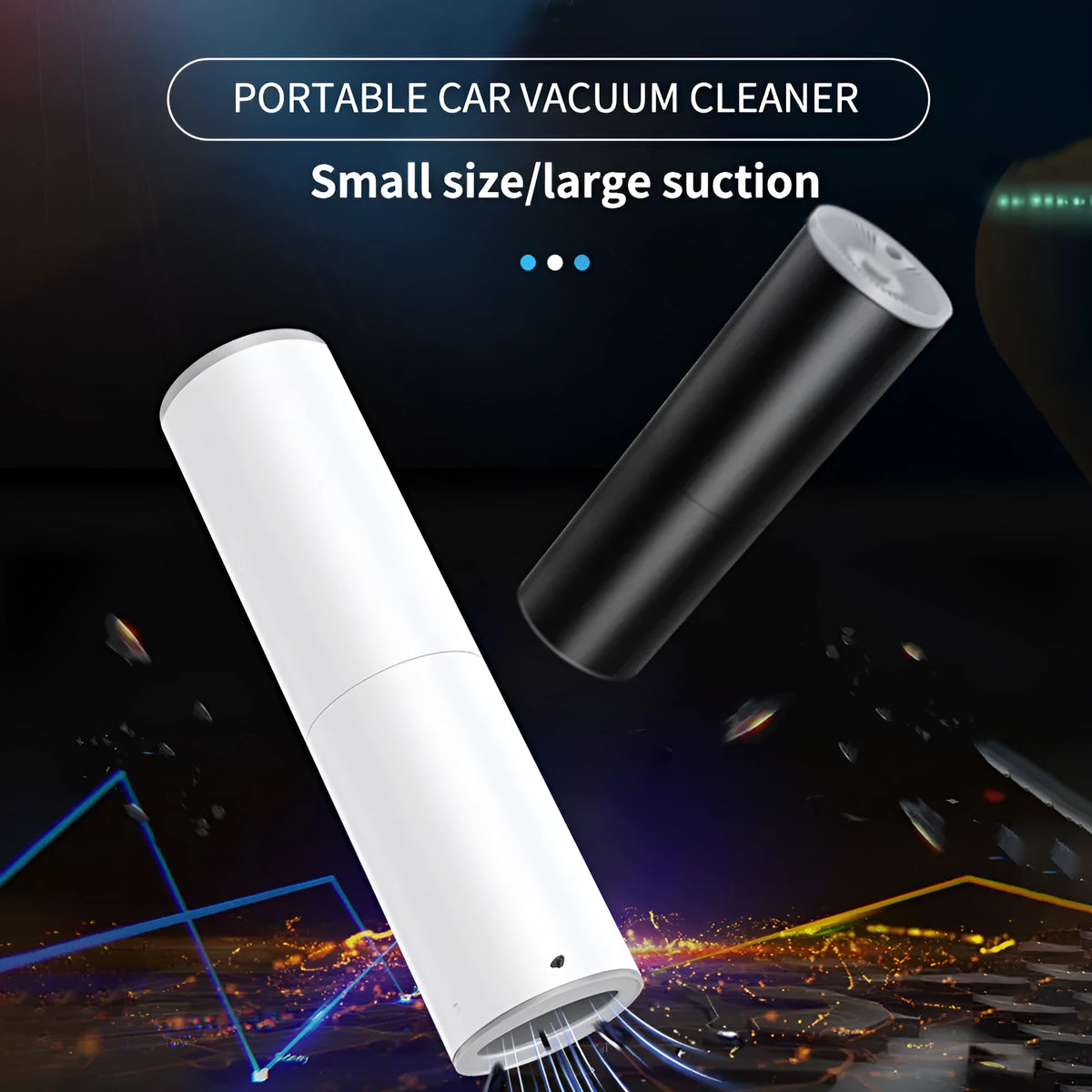 Handheld car vacuum cleaner, 120W 12V, 21.5cm high and 5.4cm diameter, with 3m cord and two nozzles, in white or black