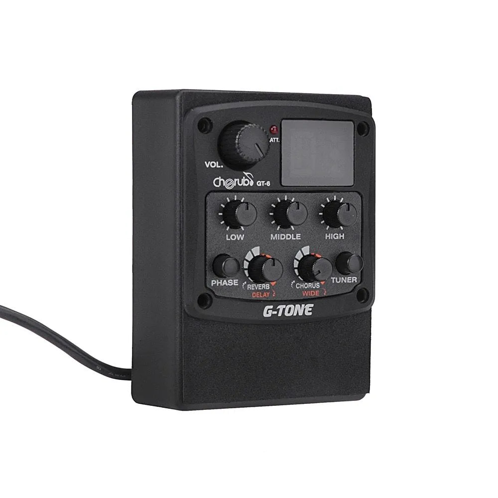 Black Cherub GT-6 acoustic guitar EQ pickup unit with control knobs for soundhole mounting.