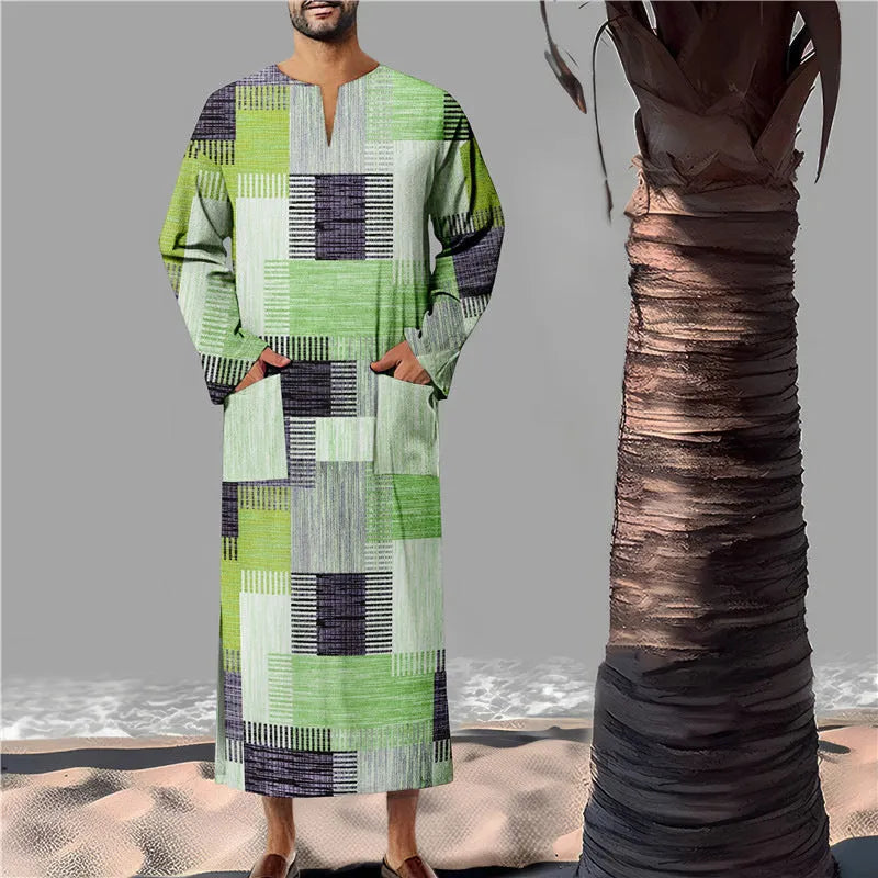 Men's loose bamboo linen robe in colour matching pattern, classic Arabic long style, sizes S to XXXL