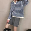 Women's loose striped cashmere sweater in red with retro plaid pattern and long sleeves