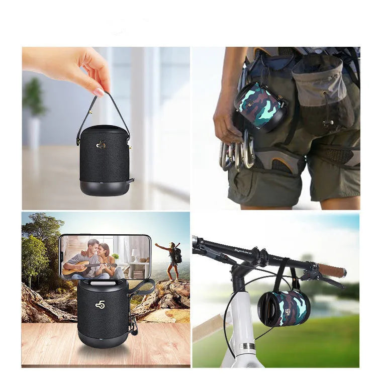 Portable waterproof Bluetooth speaker in multiple colours with portable belt showing compact design