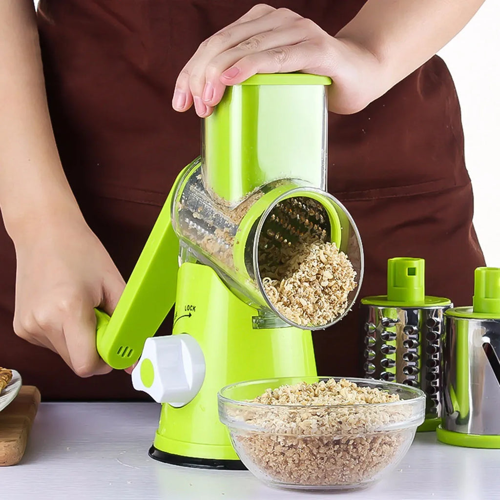 Round mandoline vegetable cutter with 3 stainless steel drum blades and suction base