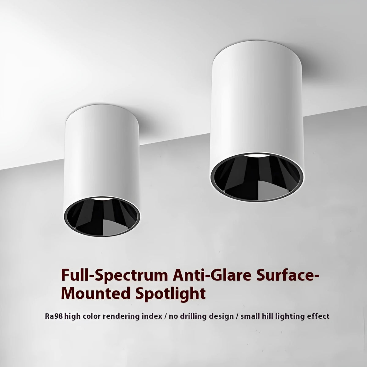 LED surface mounted spotlight in aluminium with anti-glare design, shown in all-black or white and black finish