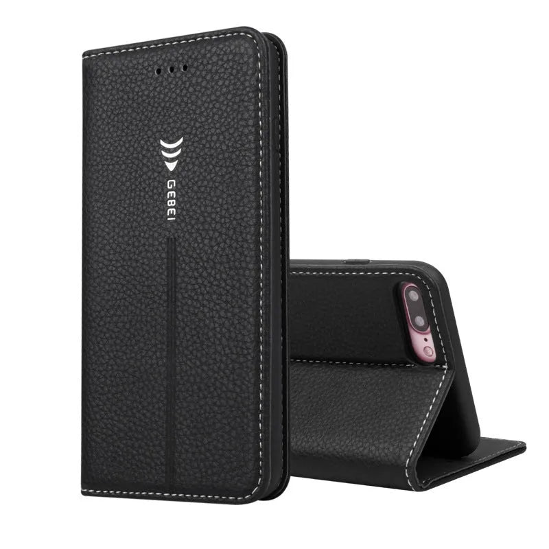 Black PU leather wallet phone case for iPhone showing card slots and kickstand deployed