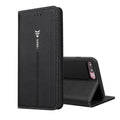 Black PU leather wallet phone case for iPhone showing card slots and kickstand deployed