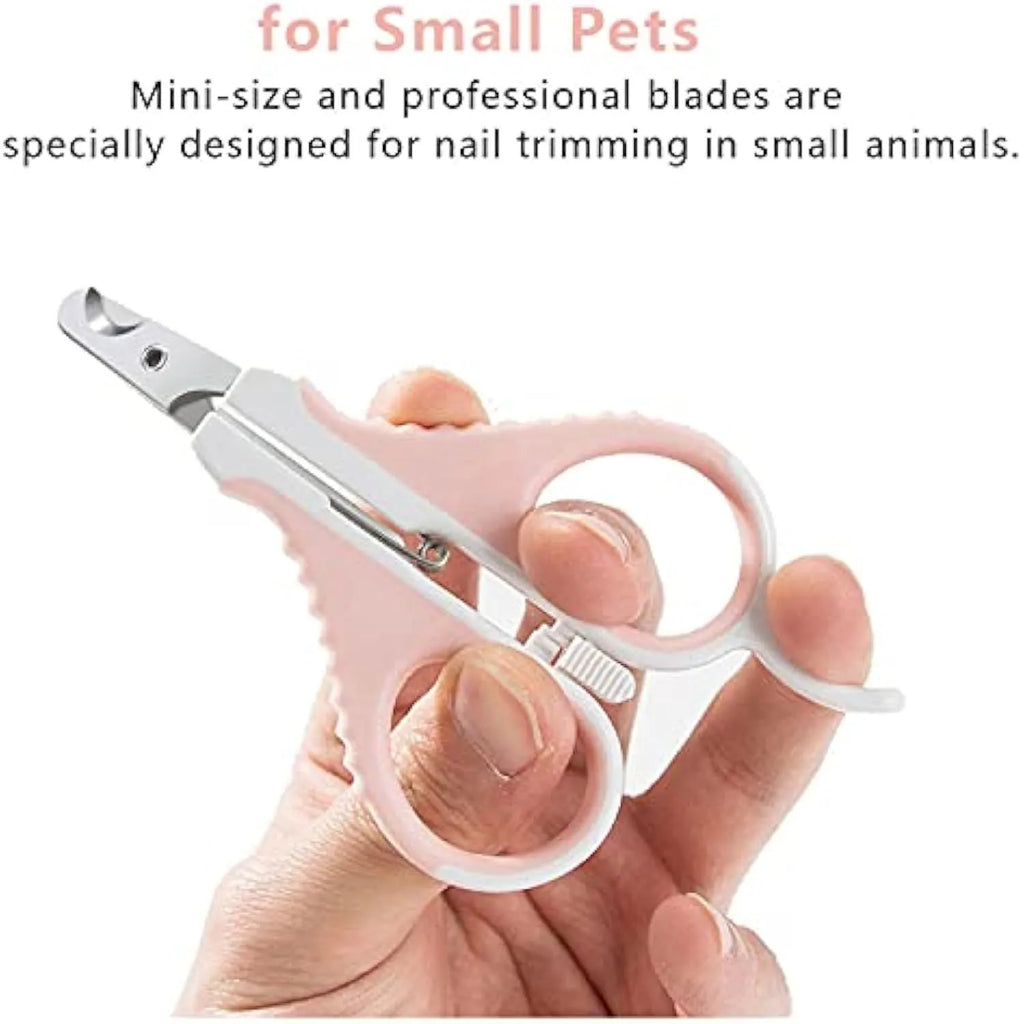 Grey and pink cat nail clippers with angled blade and safety guard for small pets.