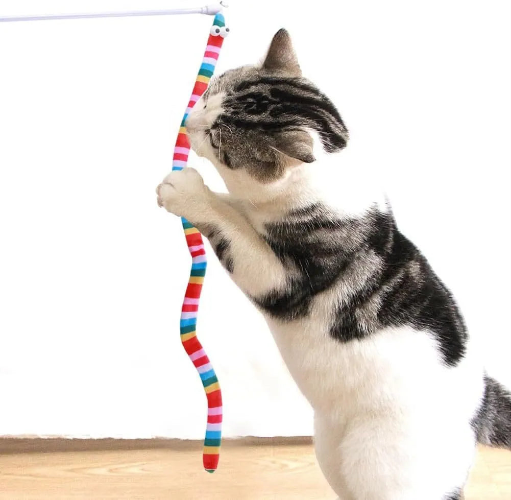 Cat wand toy with long plush strip teaser in green, orange, or rainbow colours.