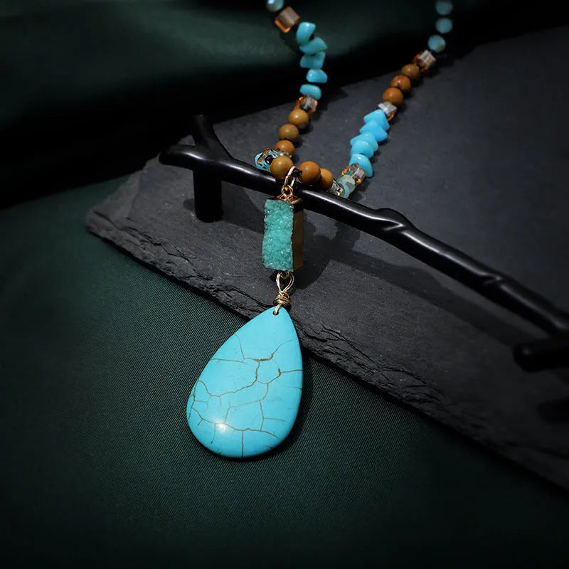 Blue turquoise water drop pendant necklace with ball bead chain over 81cm length
