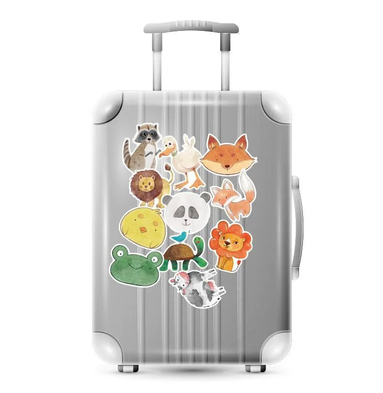 Set of 36 retro-themed beach and surfing stickers in various sizes from 6cm to 10cm on a matte PVC background.
