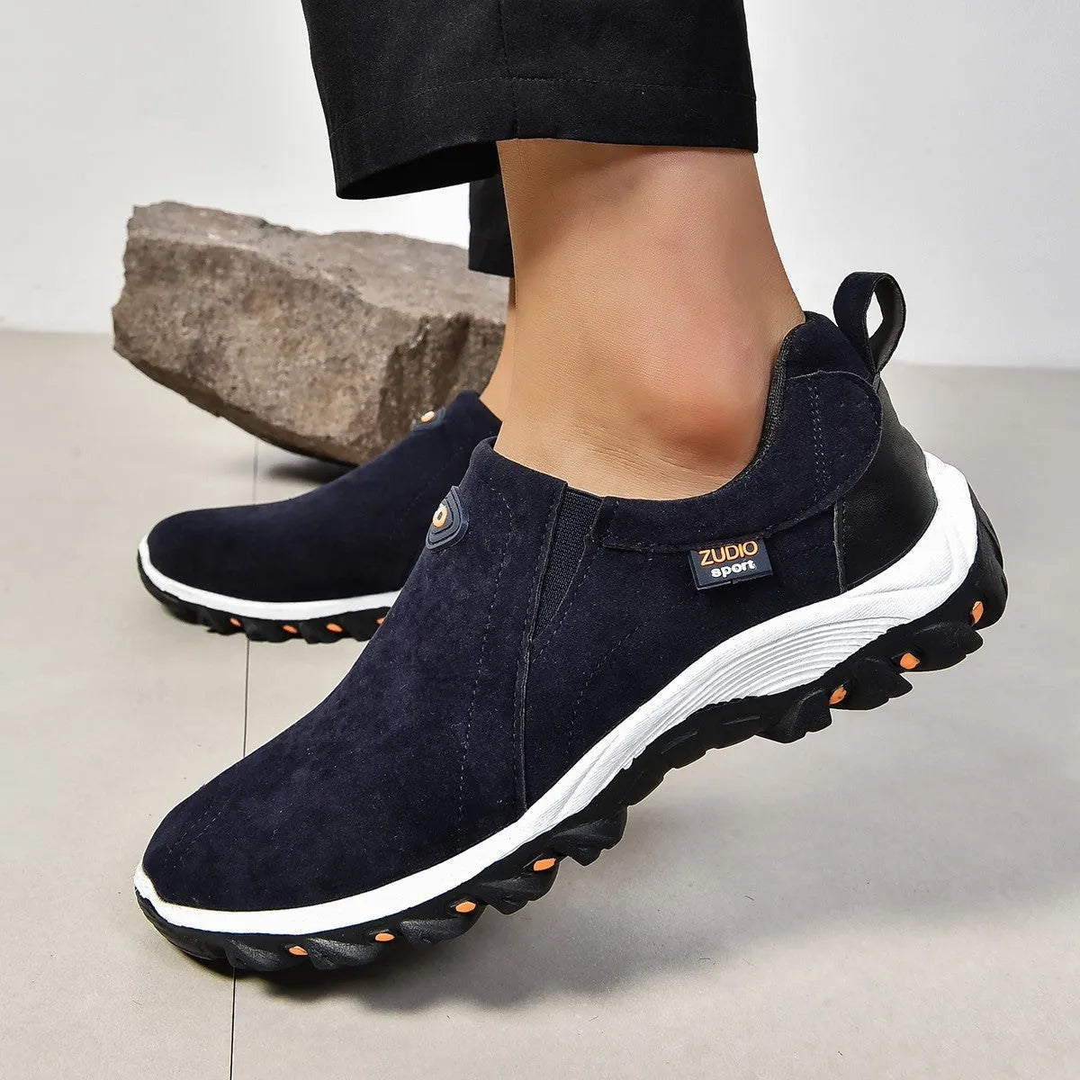 Men's round head thin shoes in various colours showing oversleeves design and rubber sole
