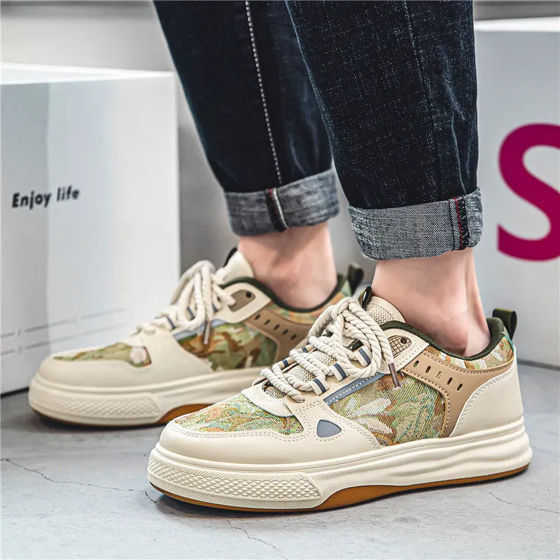 Casual canvas shoes with color matching pattern in Milan green and beige featuring flat heel and round toe design