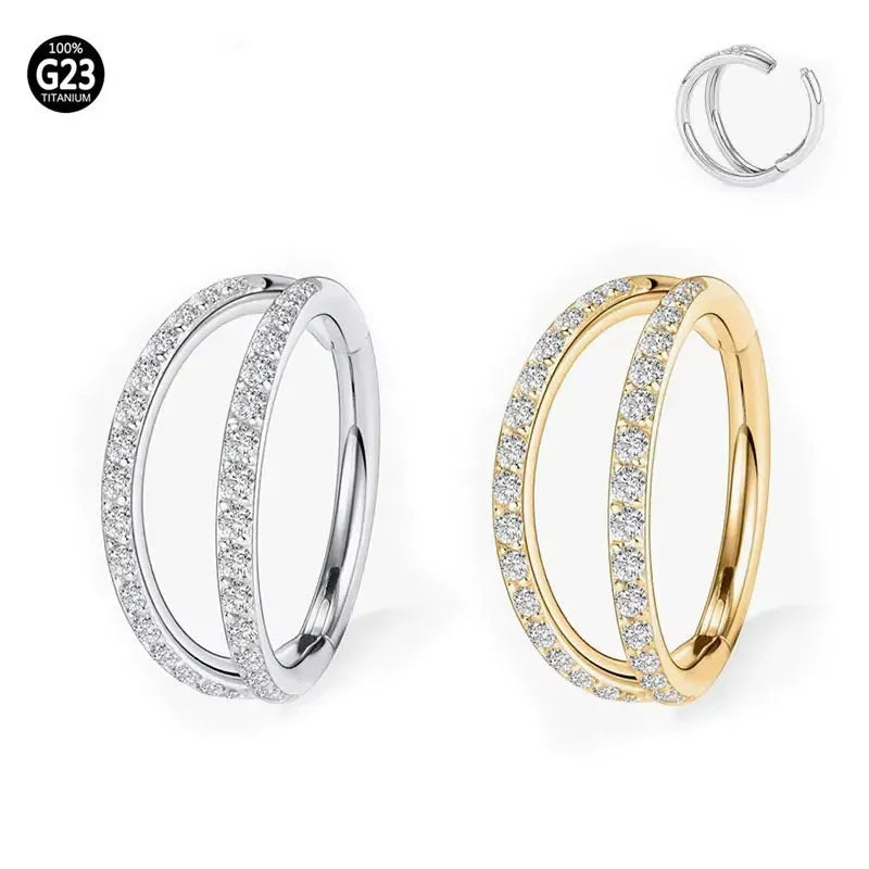 Titanium alloy nose ring with G23 monoclinic diamond treatment in steel or gold colour options