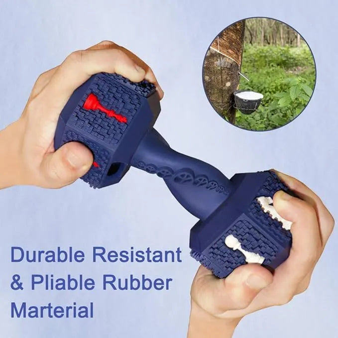 Blue hollow dumbbell dog chew toy with textured 3D particle surface on a white background.