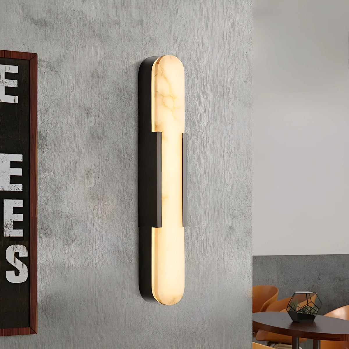 Modern natural marble stone wall lamp with iron body, LED warm light, black or gold, Style B 35cm