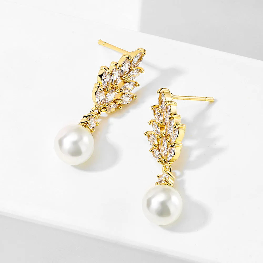 Micro inlaid zircon pearl earrings with geometric floral design in three plating colour options