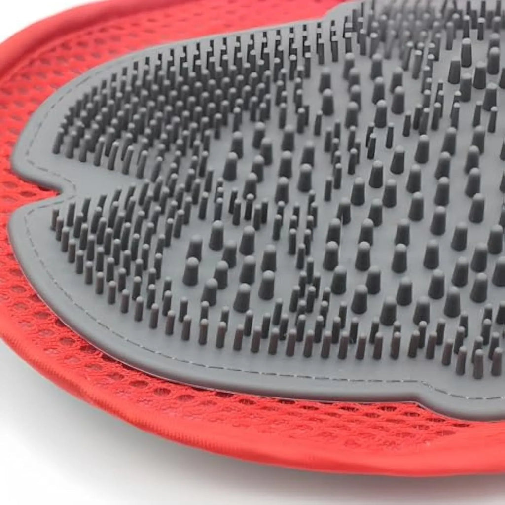 Red pet bathing glove with integrated cleaning brush for dog and cat grooming