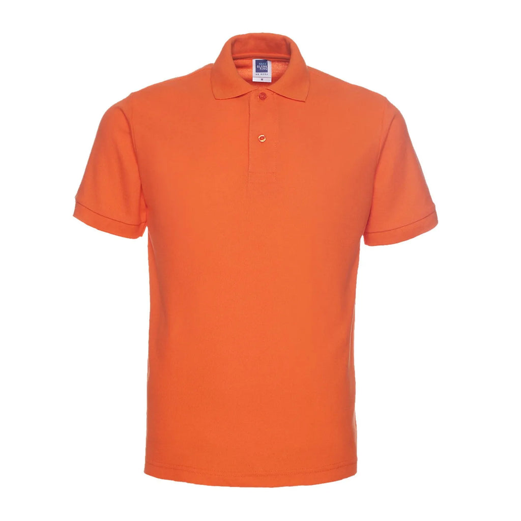 Loose-fitting plus size short sleeve polo shirt in a solid colour on a hanger.