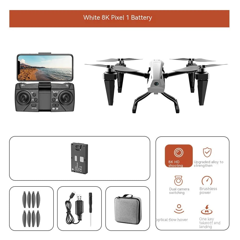 White and black KS66 alloy UAV remote control drone with camera, remote controller, and accessories on a grey background