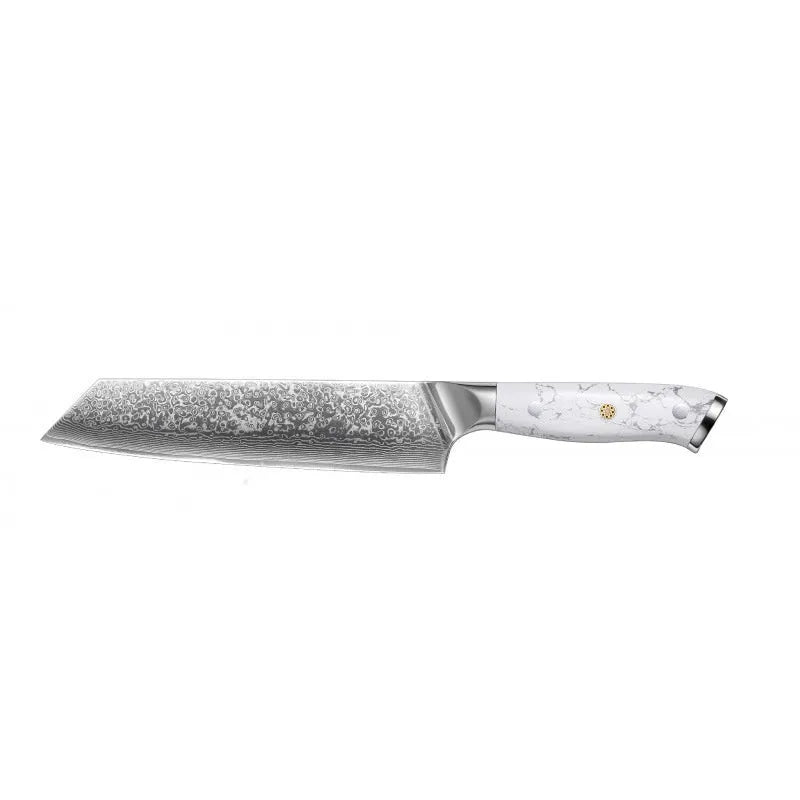 Damascus pattern chef knife with VG10 steel blade, 21cm cutting edge, modern handle design