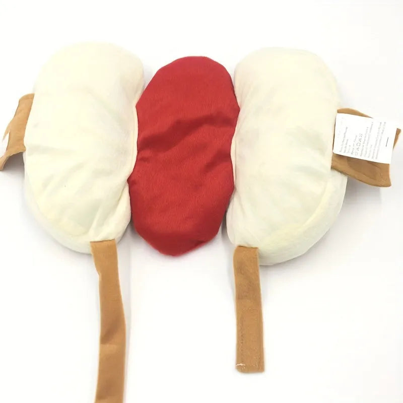 Brown and beige hot dog costume on a small dog, showing plush bun, sausage, and fabric mustard and ketchup toppings.